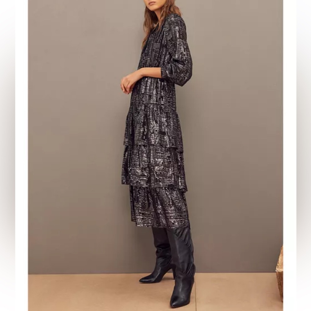 Ba&sh Sophie Tiered Dress. Size XS . Black and metallic silver.